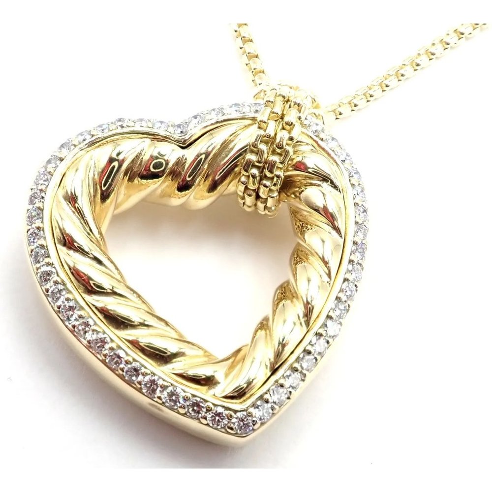 David Yurman Cable 18k Yellow Gold Diamond Large Heart Pendant Chain Necklace - Picture 2 of 8